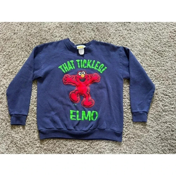 Vintage 90s Sesame Street That Tickles! Elmo Sweatshirt Blue Unisex Youth Large - Picture 1 of 9